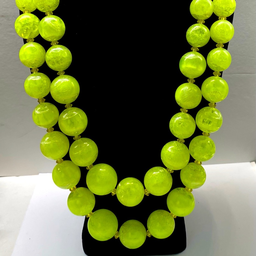 Crown Trifari Neon Green Lucite Bead Double Strand Necklace